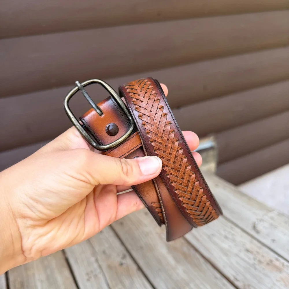 Woven Bonded Leather Belt Mens 34 Brown Ombre Western Braided Texture